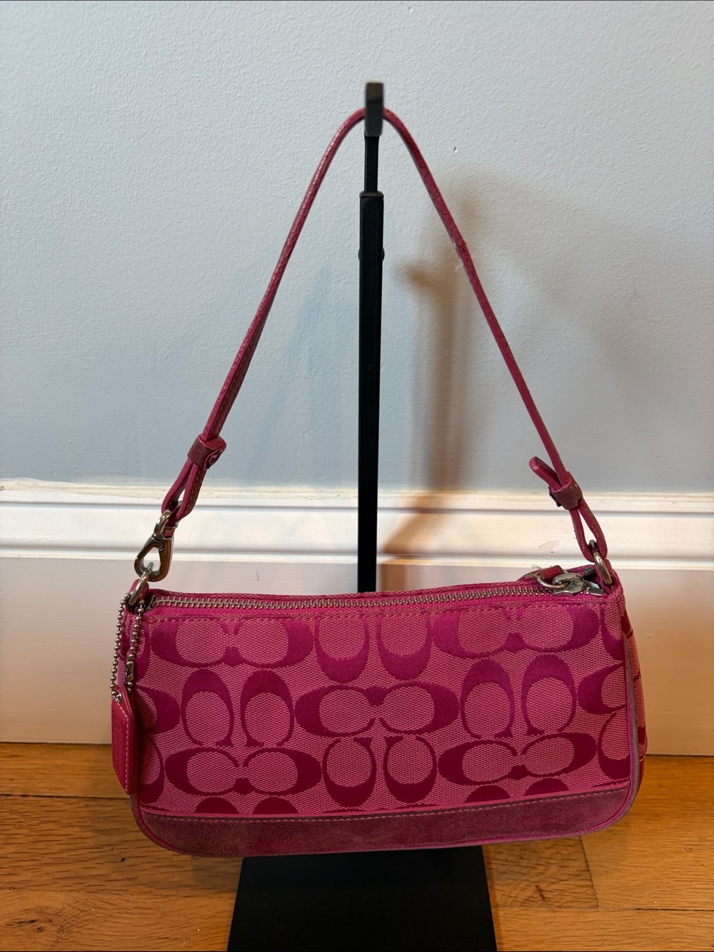 Coach Pink Signature Demi Canvas Shoulder Bag with Suede Trim